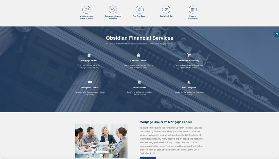 Obsidian Financial Services Home Page Programs Section